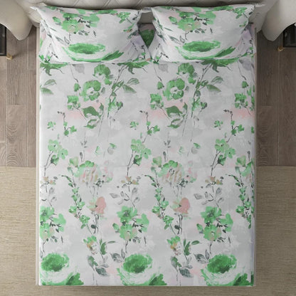 Cloth Fusion Glace Cotton Elastic Fitted Bedsheet for Double Bed King Size with 2 Pillow Covers Garden Mist