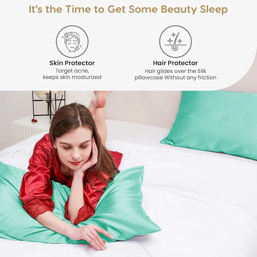 Cloth Fusion Satin Pillow Cover Set of 2 Pillow case with 3 Satin Soft Scrunchies Sea Green