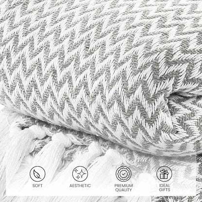 Sashaa World Chevron Throw Blanket Handwoven with Fringes Colour Grey