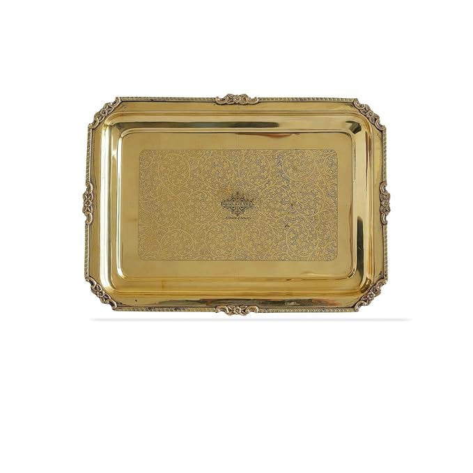 Indian Art Villa Brass Serving Tray Rectangular Shape With Beeding