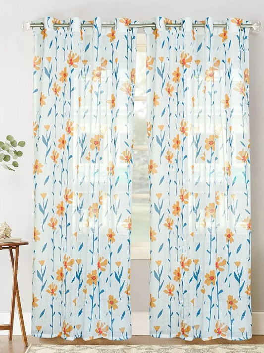 Homadorn Linen Sheer Printed Semi Transparent Curtains for Window Set of 2 Colour Yellow Sunshine
