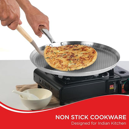 Vinod SAS Pro Platinum Triply Stainless Steel Dosa Tawa - 31 cm | 4.0 mm Thick | Hexa Design | Metal Spoon Friendly | Riveted Handle | Induction Base