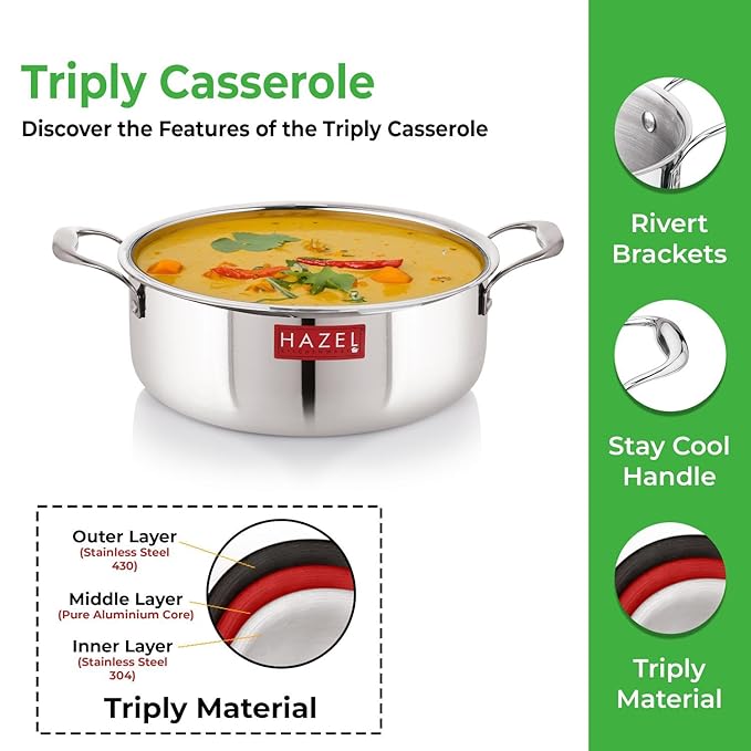 Hazel Triply Stainless Steel Induction Bottom Stok Pot Cookpot Tope with Handle 4 Litre 26.3 cm