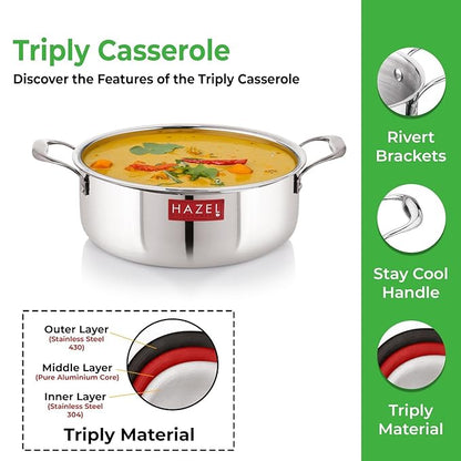 Hazel Triply Stainless Steel Induction Bottom Stok Pot Cookpot Tope with Handle 4 Litre 26.3 cm