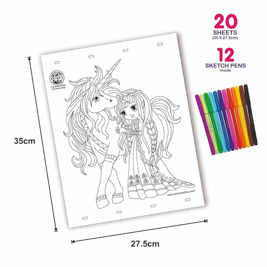 Ratna's Mandala Art Unicorn Colouring Kit | 20 Sheets With 12 Sketch Pens Inside | Creative Coloring Fun