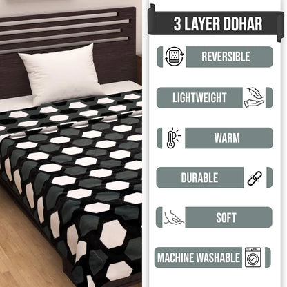Divine Casa TC - 120 Printed Three-Layer Cotton Cambric Reversible AC Dohar Blanket for Single Bed Soft Lightweight Colour Tawny Olive & Trigonal Design