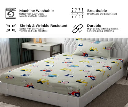 Fresh From Loom Glace Cotton Cartoon Printed Single Bedsheet With One Pillow Cover Kids Bedsheet 144 TC Cream