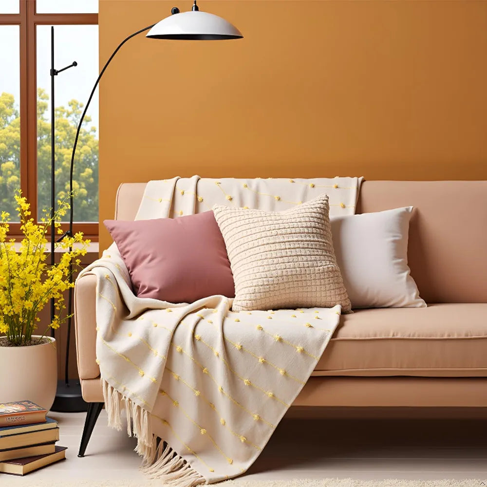 Sajavat Home Hand-Knitted Pure Cotton 3 Seater Sofa Throw Colour Beige & Yellow