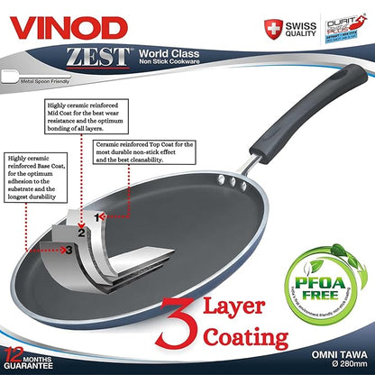 Vinod Zest Aluminium Non Stick Dosa Omni Tawa - 30cm | 3mm Extra Thick | 3 Layer Ceramic Coat | Bakelite Handle