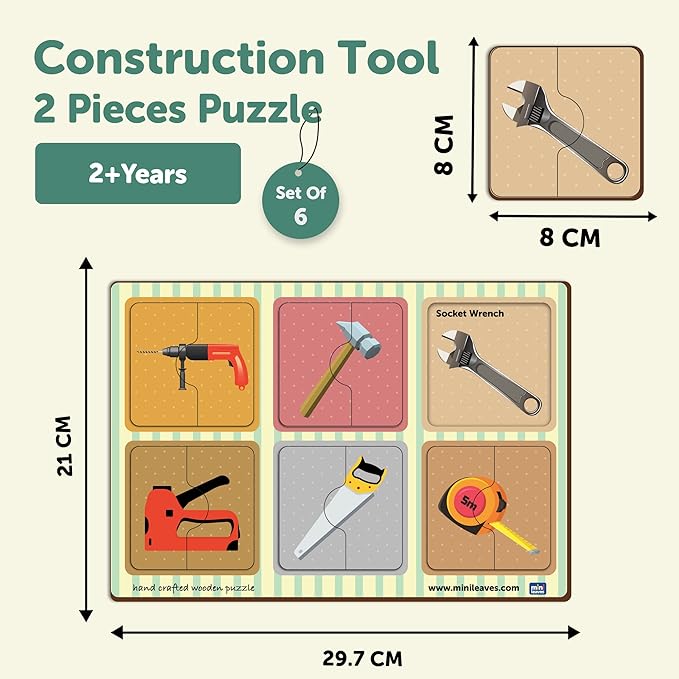 Mini Leaves 2 Piece Puzzle for Kids | Construction Tools Jigsaw Puzzle | Set of 6 Wooden Puzzles for Kids | Educational Toys