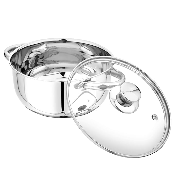 Pristine Tri Ply Sandwich Induction Base Cooking Essential Stainless Steel Casserole with Knob Glass Lid - 1500 gms