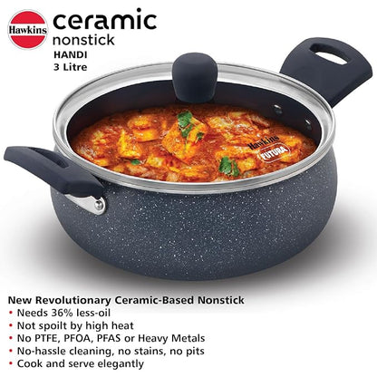 Hawkins Ceramic Nonstick Handi with Glass Lid 3 litre Induction Granite Casserole