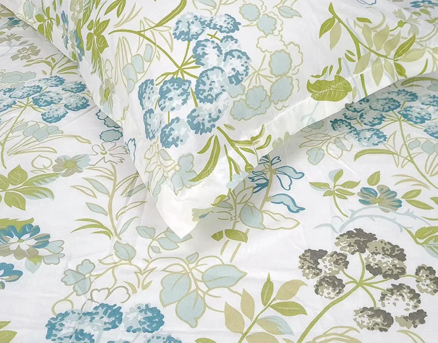Divine Casa Double Size Bedsheet for Double Bed, 144 TC Pure Cotton Queen Size with 2 Pillow Covers Floral Colour Mint Blue