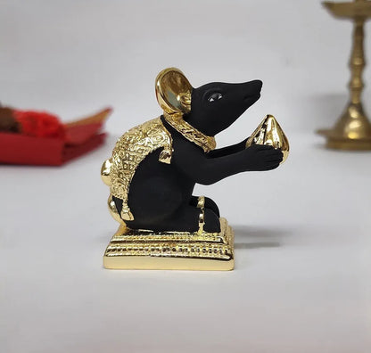 Gold Art India Gold-Plated Mushak  Mouse with Modak Black Terracotta Finish