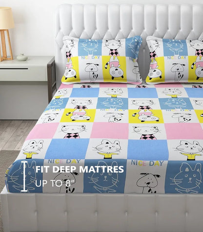 Fresh From Loom Hypoallergenic Glace Cotton Kids Elastic Fitted Bedsheet Rotary Printed Wrinkle Free With 2 Pillow Covers Aqua Pink 300 TC