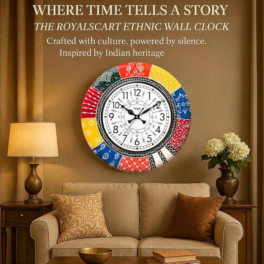 RoyalsCart Ethnic Handcrafted Decorative Wall Clock with Rajasthani Painting Multicolour Wooden Clock [KTWC139N] Boistrous Designer Painting