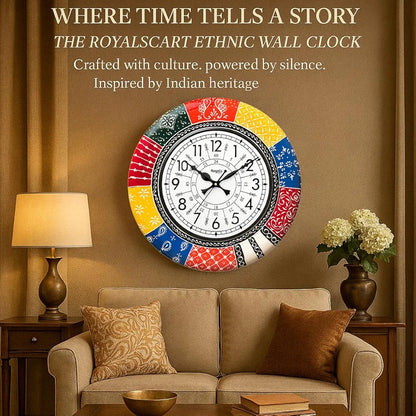 RoyalsCart Ethnic Handcrafted Decorative Wall Clock with Rajasthani Painting Multicolour Wooden Clock [KTWC139N] Boistrous Designer Painting
