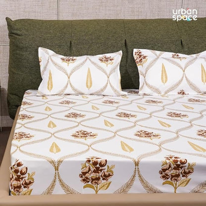 Urban Space Serene Bedsheet for Double Bed 2 Pillow Covers (Colour Floral Moroccan Brown)