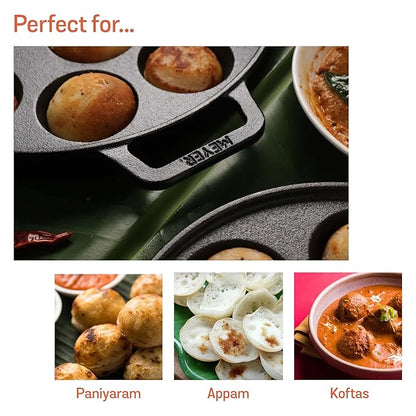 Meyer Pre Seasoned Cast Iron 12 Cavity Appam Patra 2 Side Handle 26cm (Black)