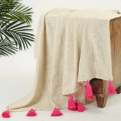 Homadorn 100% Cotton Off White Throw Blanket with Handmade Colorful Tassel Colour Pink