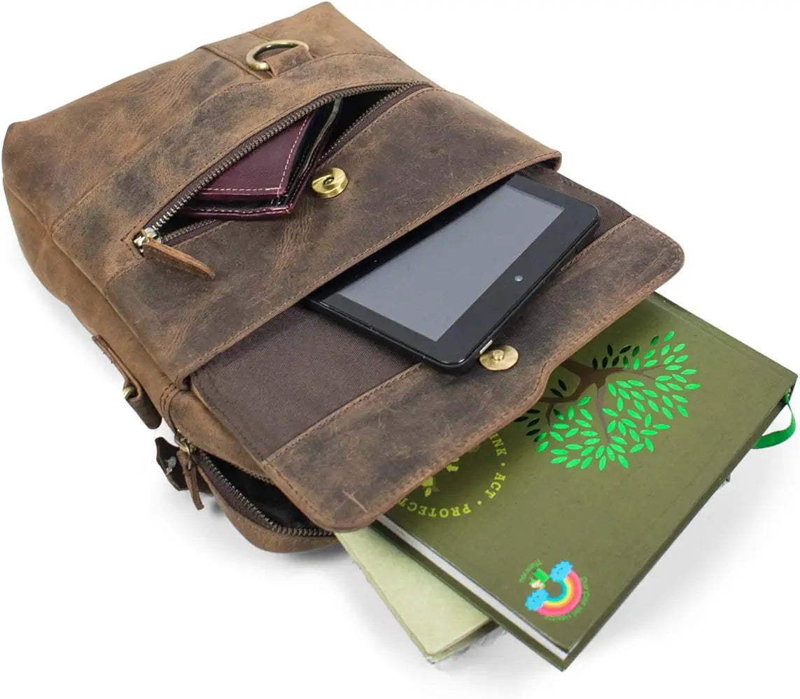 Goatter Men's Hunter Leather 11" Inch Multi-Pocket Messenger Bags 