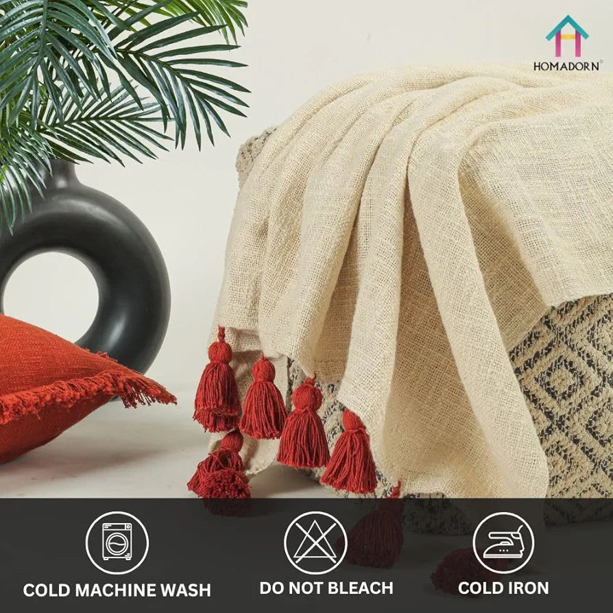 Homadorn 100% Cotton Off White Throw Blanket with Handmade Colorful Tassel Colour Rust