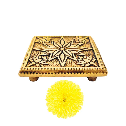 anciently Brass Pooja Chowki Square with Flower Design | Sqaure Brass Chowki for Puja, Brass, Gold Colour, 1 Piece 