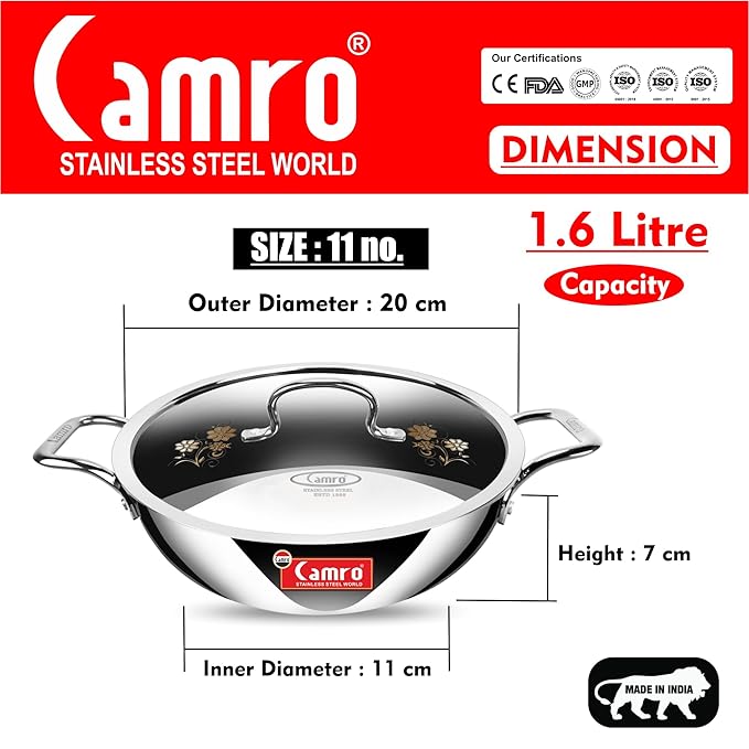Camro Tripro Triply Signature Kadhai with lid 20 Cm 1.2 Liters Capacity Stainless Steel Lid for Curry