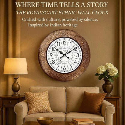 RoyalsCart Ethnic Handcrafted Designer Wall Clock with Decorative Metal Golden Antique Wooden Wall Clock [KTWC213N] Golden Decorative Metal