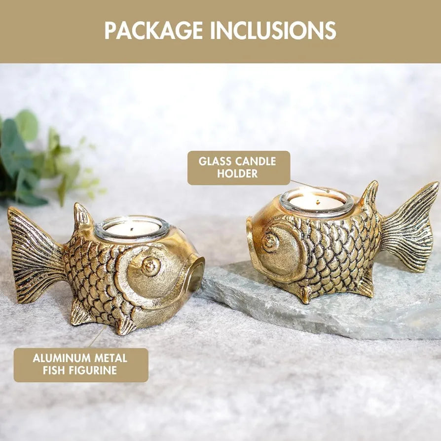 BEHOMA Metal Fish Aluminum Figurine with Votive Good Luck and Success | Candle Holder for Home Decor Tabletop Living Room | Showpiece for Valentine's Day, Birthday, Gold