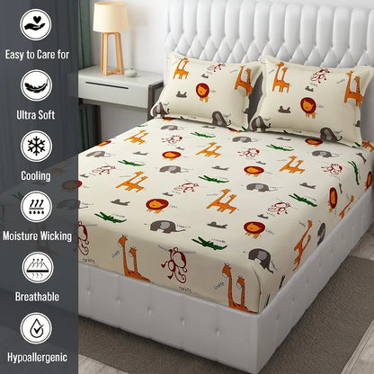 Fresh From Loom Glace Cotton Wrinkle Free Elastic Fitted Bed Sheet with 2 Pillow Cream Animal Double Bed 300 TC
