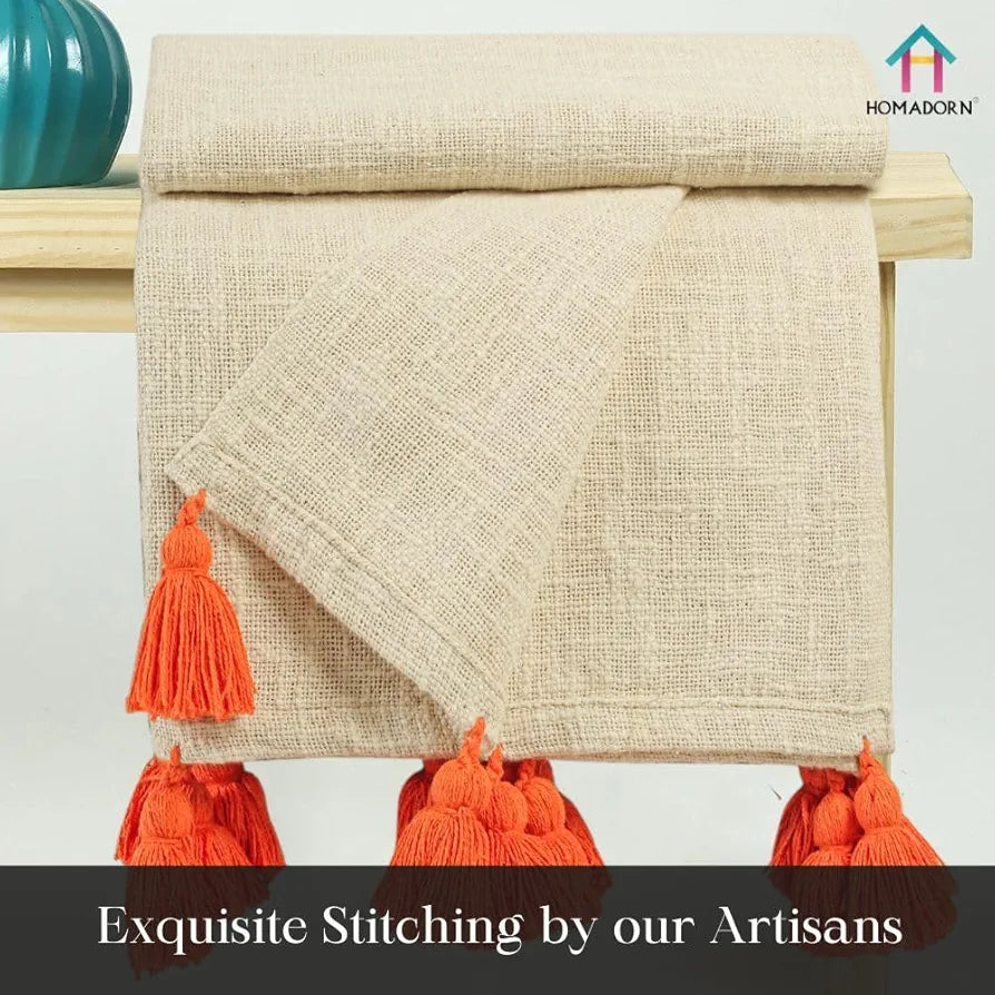 Homadorn 100% Cotton Off White Throw Blanket with Handmade Colorful Tassel Colour Orange