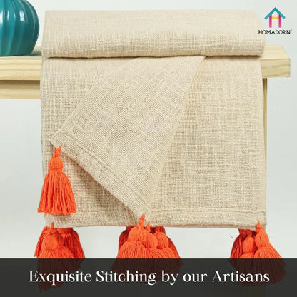 Homadorn 100% Cotton Off White Throw Blanket with Handmade Colorful Tassel Colour Orange