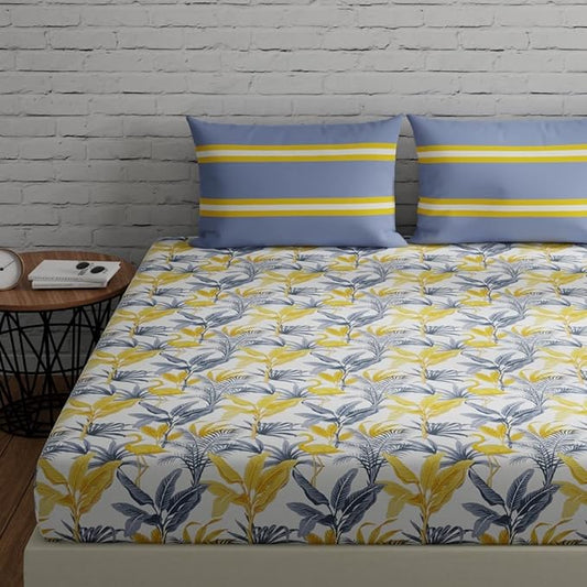 Huesland by Ahmedabad Cotton 144 TC King Size Bedsheet Cotton with 2 Pillow Covers | Flamingos & Stripes Grey & Yellow