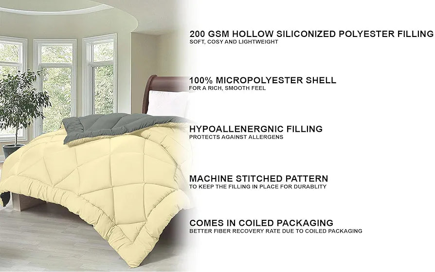 Cloth Fusion Reversible AC Comforter Set Double Bed Soft Microfibre King Size Quilt Blanket for Winter Yellow & Grey