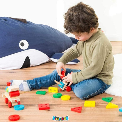 Kidology Wooden Train Geometric Shape Sorter & Stacking Blocks Toddler Toys for Kids