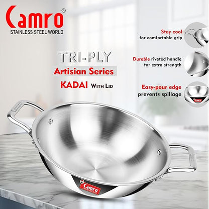 Camro Triply Artisian Kadhai With Lid 24 cm 2.4 Liters kadhai Steel Stainless Kadhai For Deep Frying
