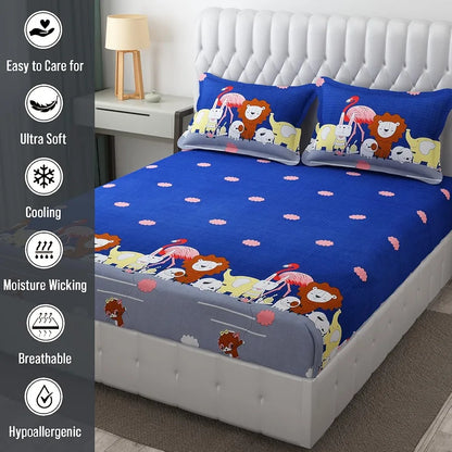 Fresh From Loom Elastic Fitted Cartoon Printed Bedsheets for Kids with 2 Pillow Jungle Blue Double Bed 300 TC