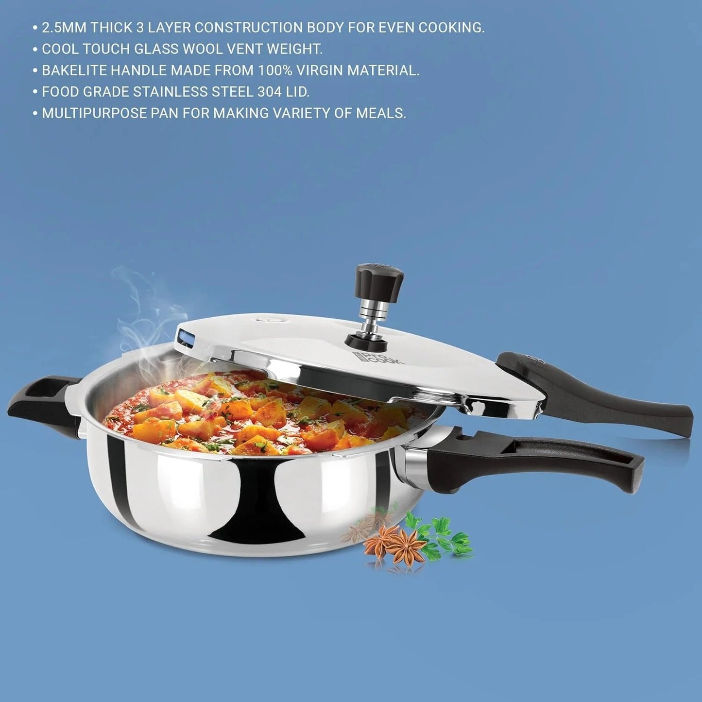 Milton ProCook Triply Stainless Steel Pressure Pan 4.5L Outer Lid Induction