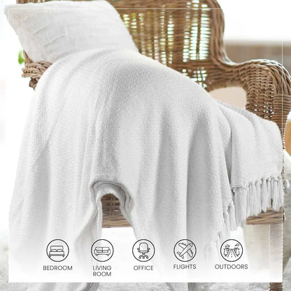 Sashaa World Cotton Chevron Throw Blanket Handwoven with Fringes Colour White