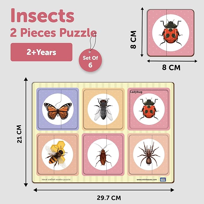 Mini Leaves 2 Piece Puzzle for Kids | Insects Jigsaw Puzzle | Set of 6 Wooden Puzzles for Kids | Educational Toys for Kids
