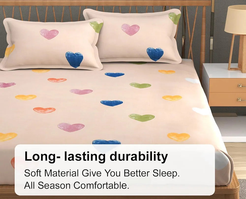 Fresh From Loom Floral Print 240 TC King Size Fitted Bedsheet Set 2 Pillow Covers Heart-Brown
