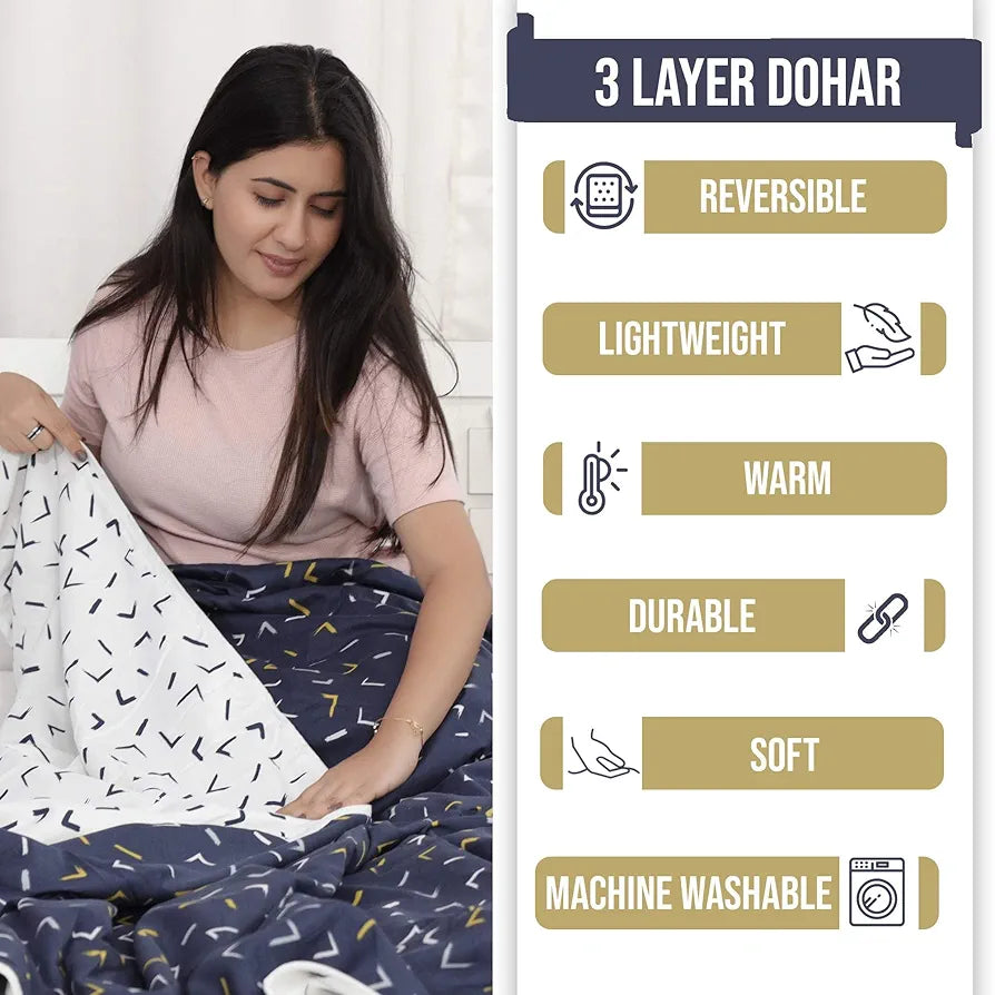 Divine Casa 120 GSM Microfiber Double Dohar Soft & Lightweight Throw Blanket Arrow Print Pattern Colour Navy Blue