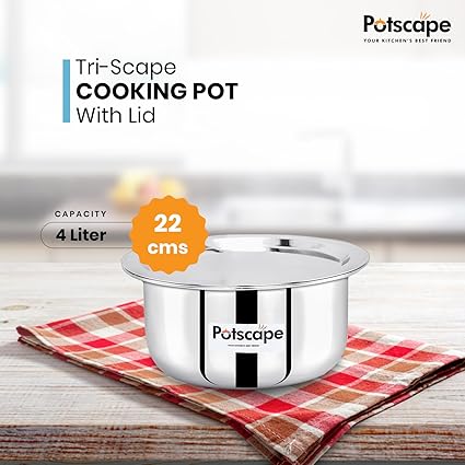 Potscape Triply Cooking Pot with Lid, 22 cm Capacity 4 Ltr Even Heat Distribution