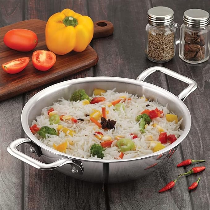 Amicus Triply Stainless Steel Deep Kadai Kadhai for Cooking Stirfry Deepfry Induction Friendly Pan 20 Cm 1.6 Litre