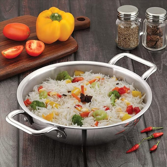 Amicus Triply Stainless Steel Deep Kadai Kadhai for Cooking Stirfry Deepfry Induction Friendly Pan 20 Cm 1.6 Litre