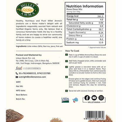 Millet Amma Certified Organic Millet Rava Dosa - 250 gms