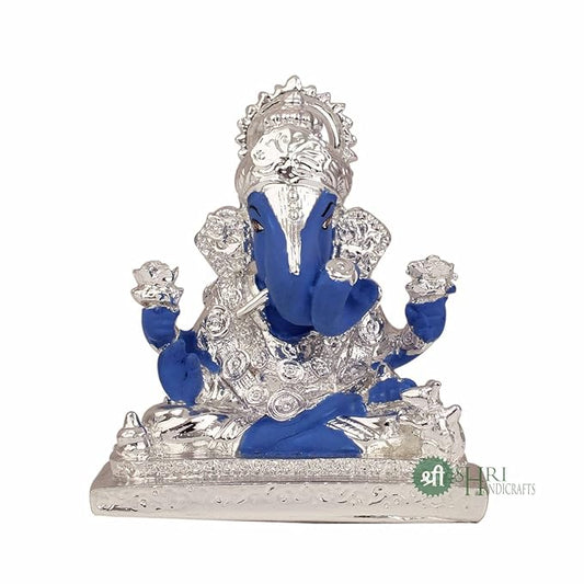 Indicast Lord Ganesha Idol Silver Plated Murti for Good Luck & Success Figurine for Office Home Decor & Gifts | Blue