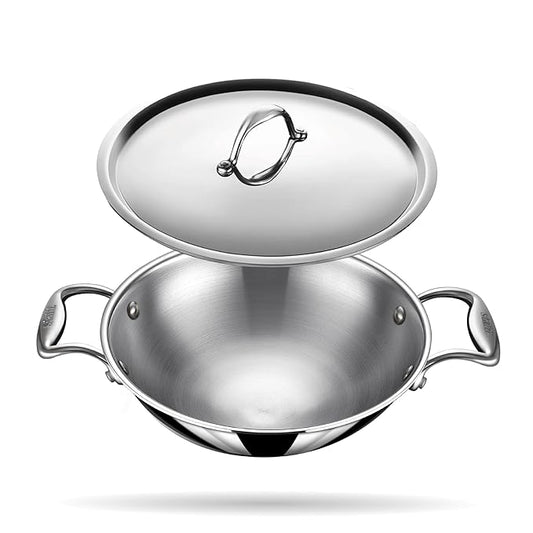 Stahl Artisan Triply Stainless Steel Round Bottom Kadhai With Lid | Extra Deep Kadai | Stainless Steel Cookware | 2.6 L | 24 Cm