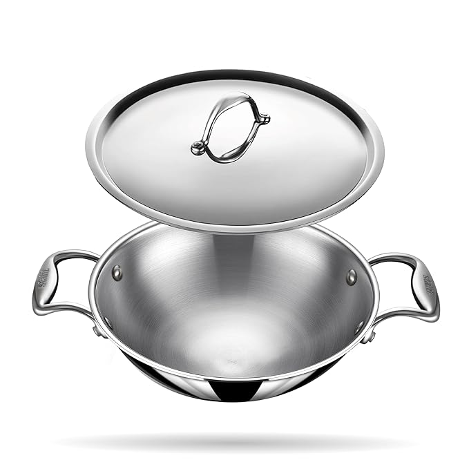 Stahl Artisan Triply Stainless Steel Round Bottom Kadhai With Lid | Extra Deep Kadai | 2.3 L | 22 Cm